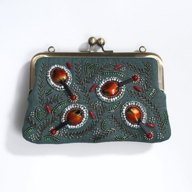 がま口バッグ ビーズ刺繍 フォレストグリーン 通帳ケース パスポート