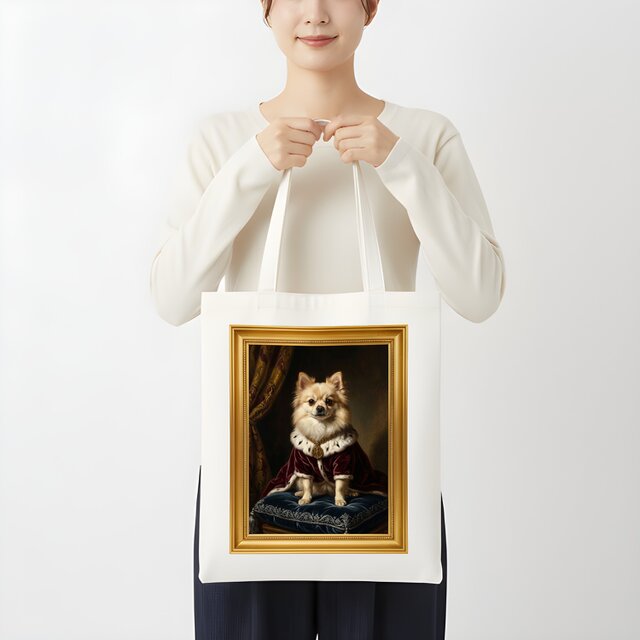 犬（ポメラニアン）トートバッグ ルネサンス風カラーアート 金縁
