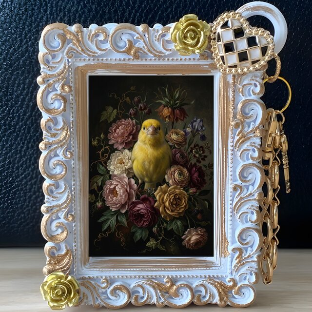カナリアバッグチャーム 花の油絵風アート ホワイト額縁 | iichi 日々