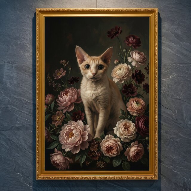 猫（デボンレックス）の花に囲まれた油絵風アート A4金縁額装