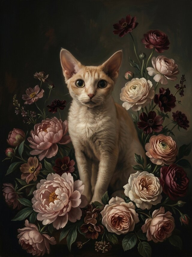 猫（デボンレックス）の花に囲まれた油絵風アート A4金縁額装