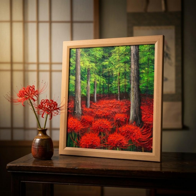 絵画油絵　風景画　原画 油絵 原画『深緑に咲き誇る、赤き輪廻』曼珠沙華（彼岸花）の風景画