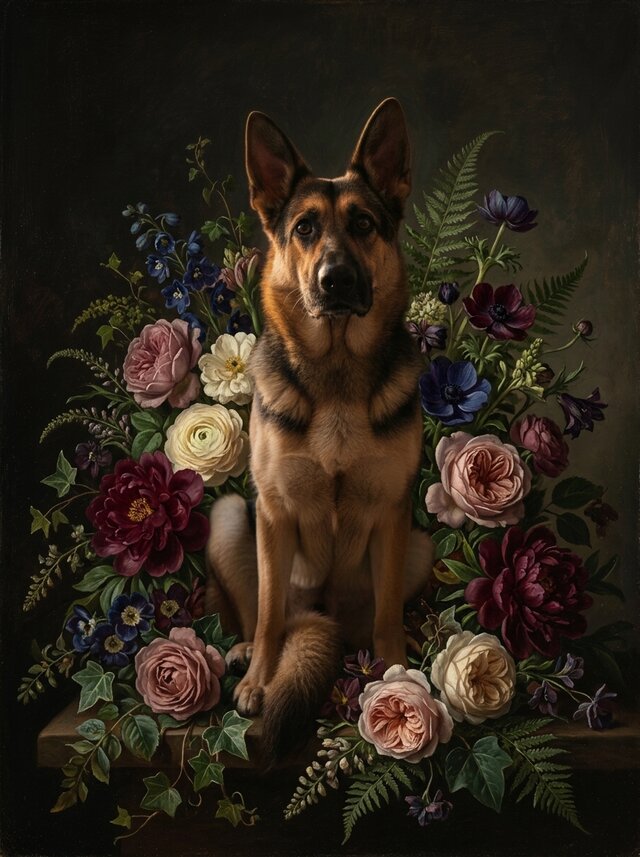 犬（ジャーマンシェパード）の花に囲まれた油絵風アート A3額装