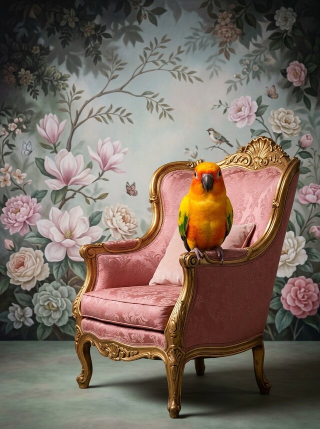 インコ（コガネメキシコインコ）のロココ調アート A4額装インテリア