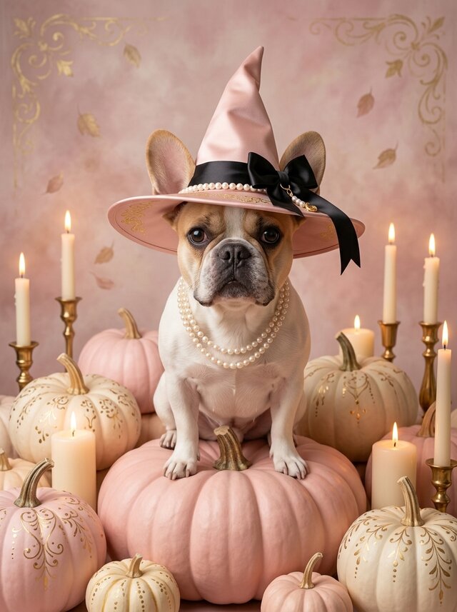 犬（フレンチブルドッグ）のハロウィン限定アート A4金縁額装