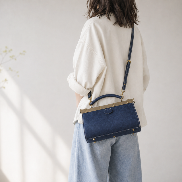 切線派】本革 がま口バッグ 手作りのレザーショルダーバッグレディース