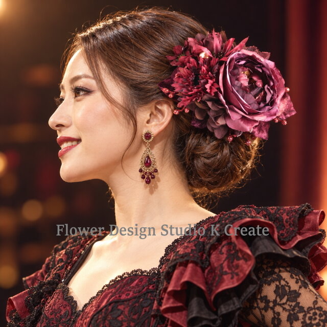 フラメンコ髪飾り｜ボルドー薔薇とガーベラのヘアクリップ｜秋冬 舞台