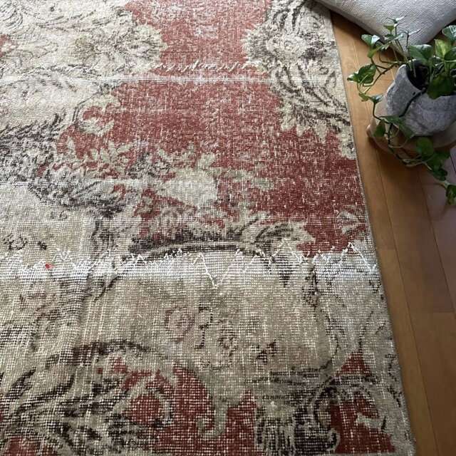 104×194 秋色テラコッタ カット 擦れシャビー トルコヴィンテージラグ