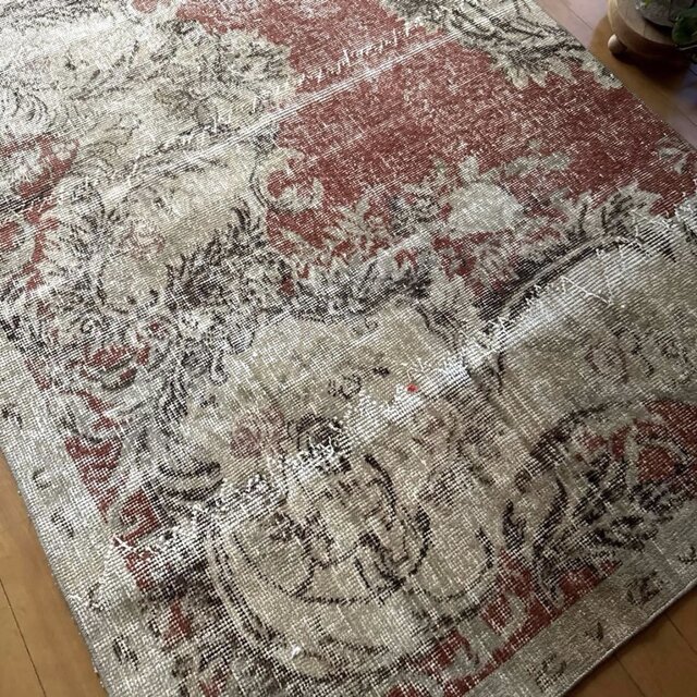 104×194 秋色テラコッタ カット 擦れシャビー トルコヴィンテージラグ