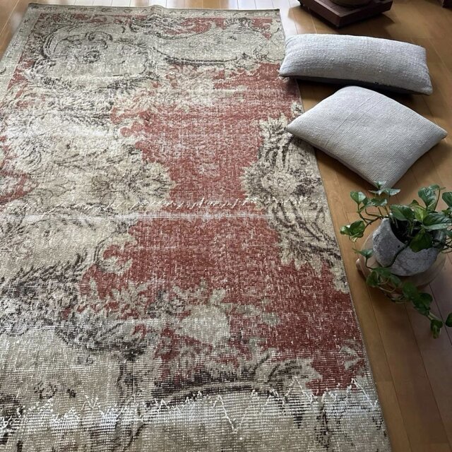 54×101 ネイビー×えんじ　擦れシャビー　トルコヴィンテージラグ 104×194 秋色テラコッタ カット 擦れシャビー トルコヴィンテージラグ