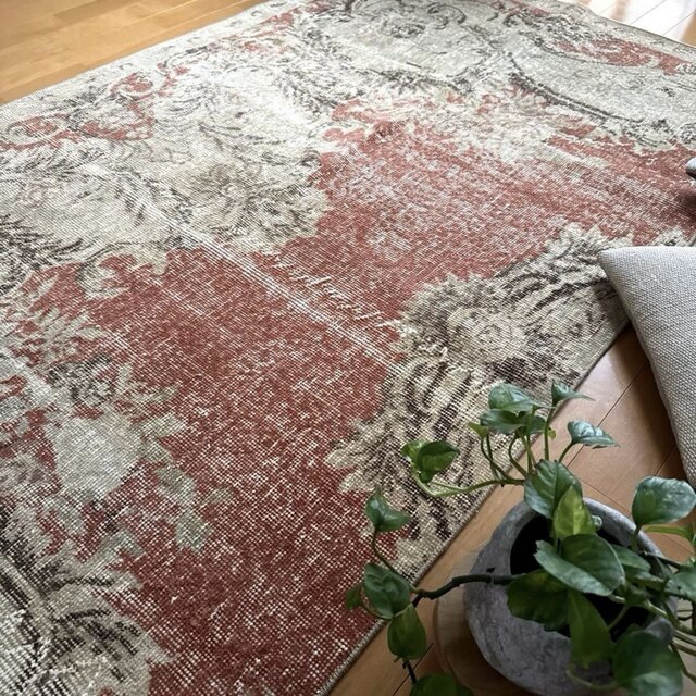104×194 秋色テラコッタ カット 擦れシャビー トルコヴィンテージラグ