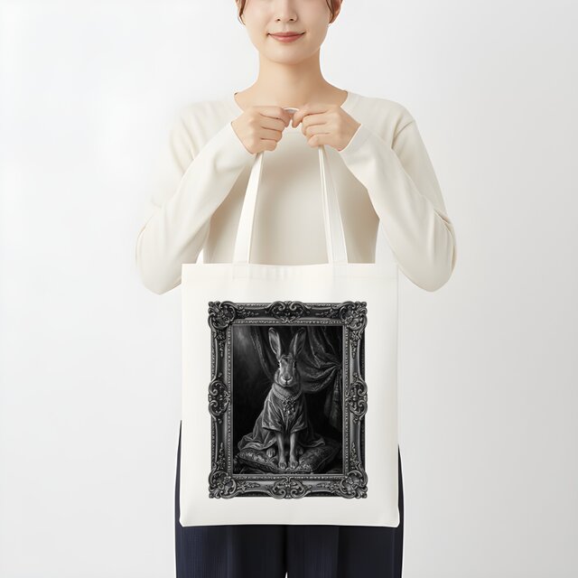 うさぎ（ベルジアンヘア）トートバッグ ルネサンス風モノクロアート