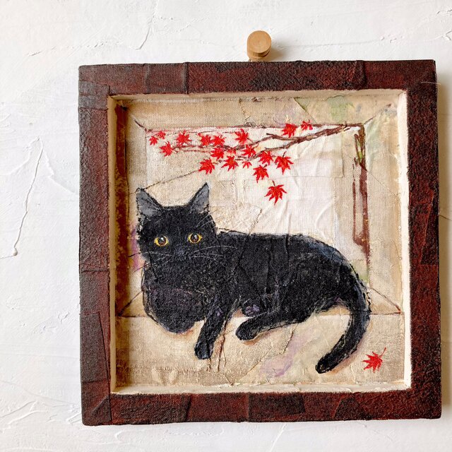 黒猫と紅葉』手描きファブリックアートパネル コラージュ 一点もの 綿