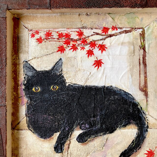 黒猫と紅葉』手描きファブリックアートパネル コラージュ 一点もの 綿