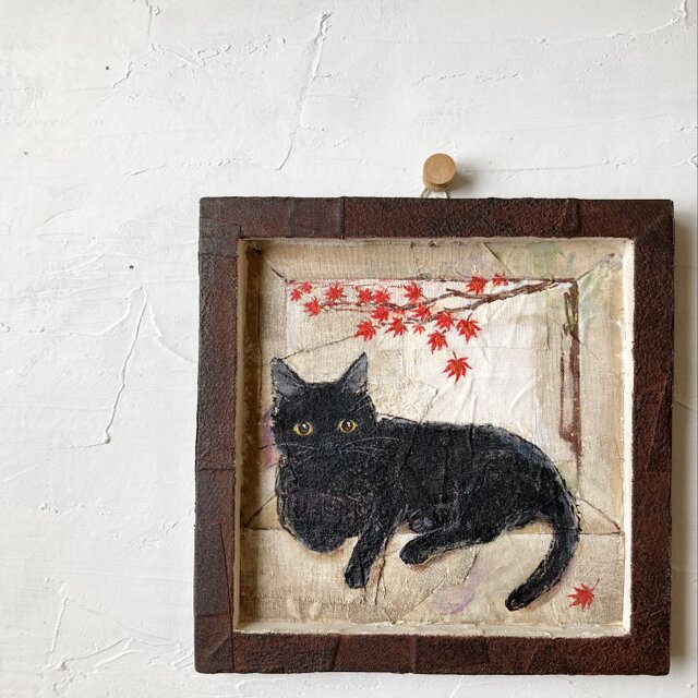 黒猫と女の子パネル生地　ハンドメイド 黒猫と紅葉』手描きファブリックアートパネル コラージュ 一点もの 綿