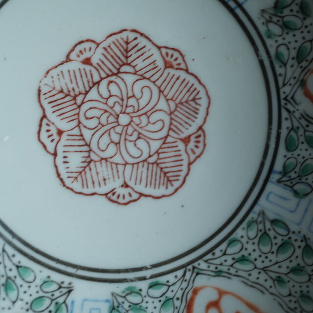 リーフと寿◇時代物 花文色絵印判波縁鉢 骨董・antiques 古民家 古道具
