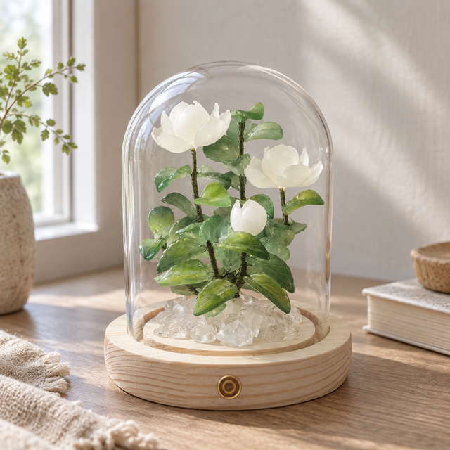 白花のガラスドームライト｜ジャスミンとクチナシを思わせる小さな植物