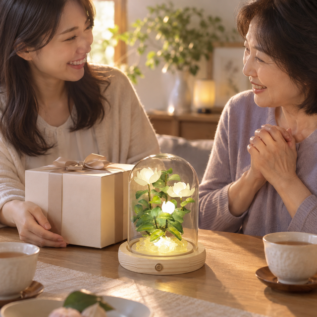 白花のガラスドームライト｜ジャスミンとクチナシを思わせる小さな植物
