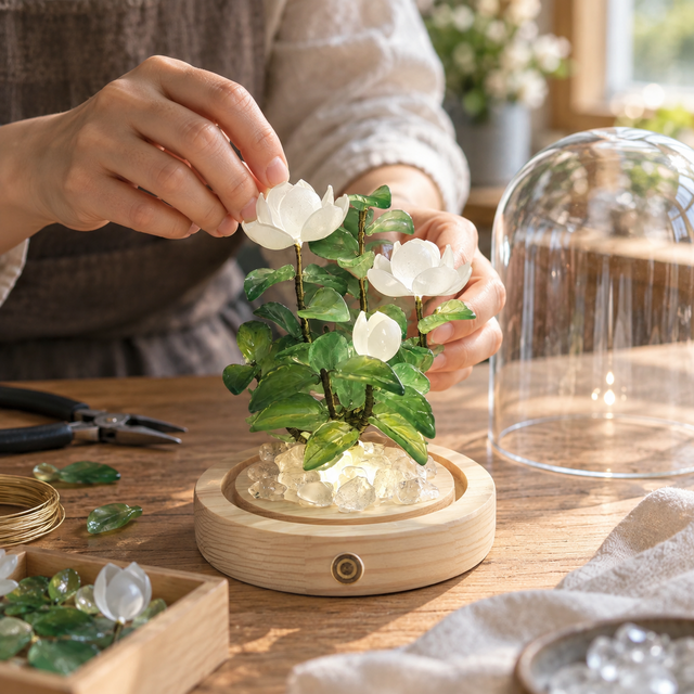 白花のガラスドームライト｜ジャスミンとクチナシを思わせる小さな植物