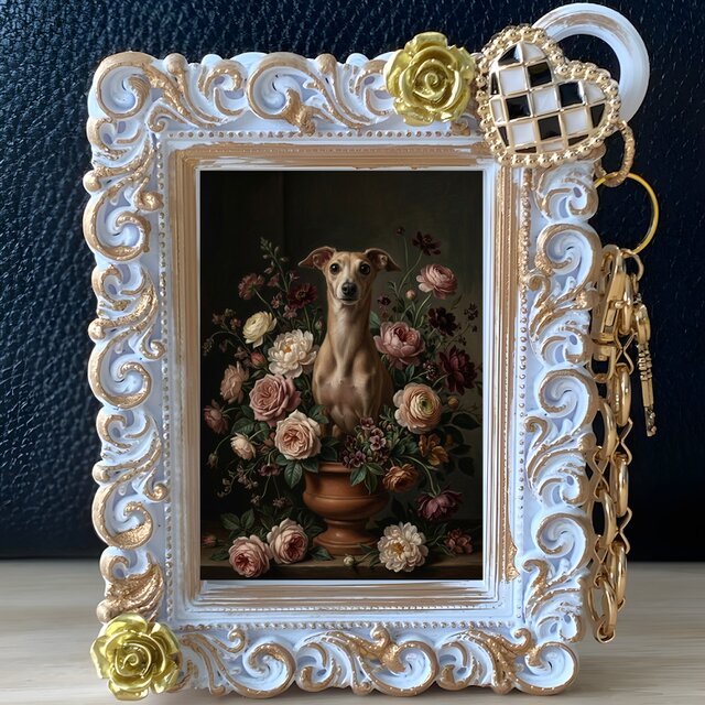 犬（イタリアングレーハウンド）バッグチャーム 花の油絵風アート