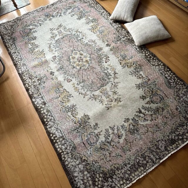 美品118×212 淡いピンク×ブラウン メダリオン トルコヴィンテージラグ