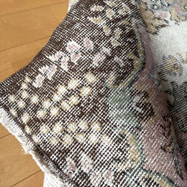 美品118×212 淡いピンク×ブラウン メダリオン トルコヴィンテージラグ