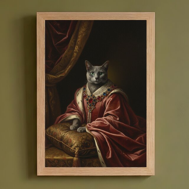猫（ロシアンブルー）のルネサンス風肖像画 油絵風アートA4額装