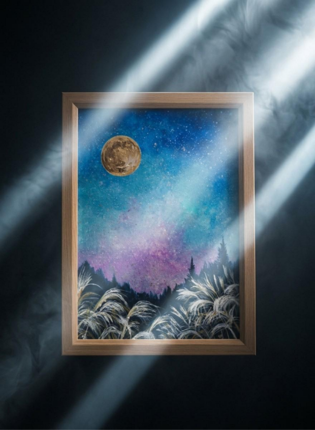 満月/秋の夜長】油絵 原画『月華の夜 〜満天の星と黄金の月〜』A4額縁
