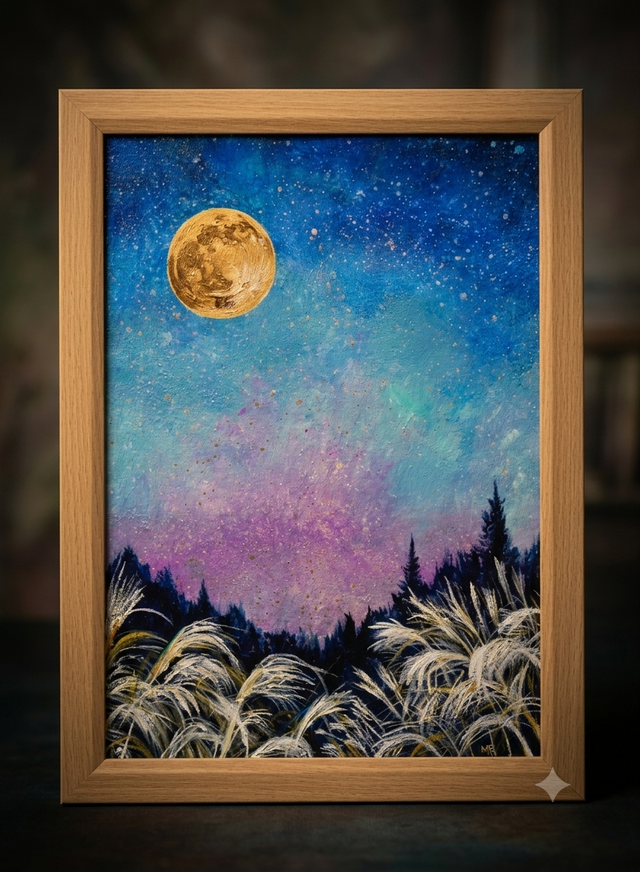 満月/秋の夜長】油絵 原画『月華の夜 〜満天の星と黄金の月〜』A4額縁