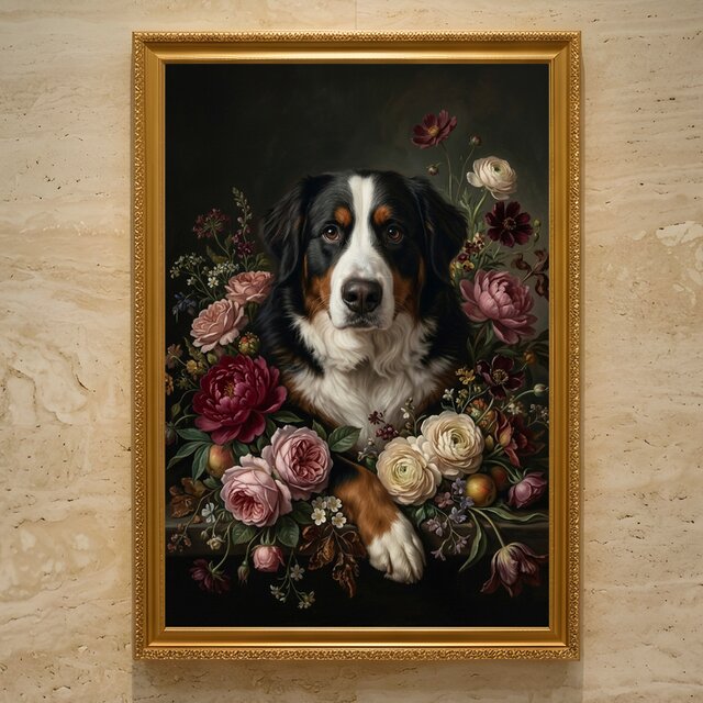 犬（バーニーズマウンテンドッグ）の花の油絵風アート A3額装