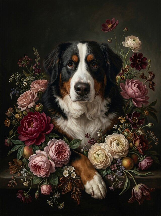 犬（バーニーズマウンテンドッグ）の花の油絵風アート A3額装