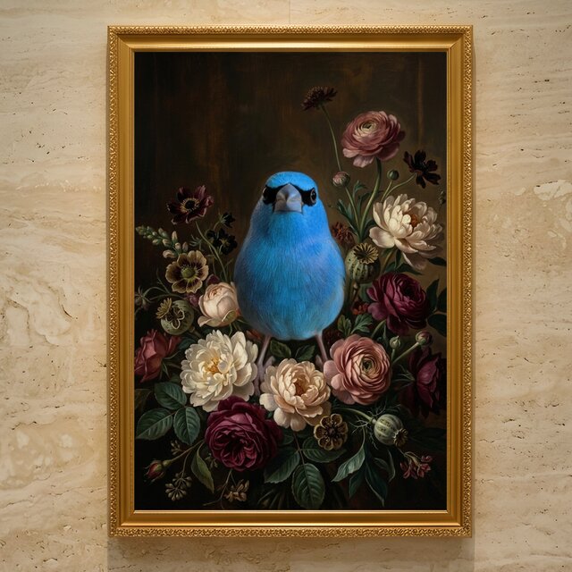 セイキチョウの花に囲まれた油絵風アート A3額装インテリア壁掛け