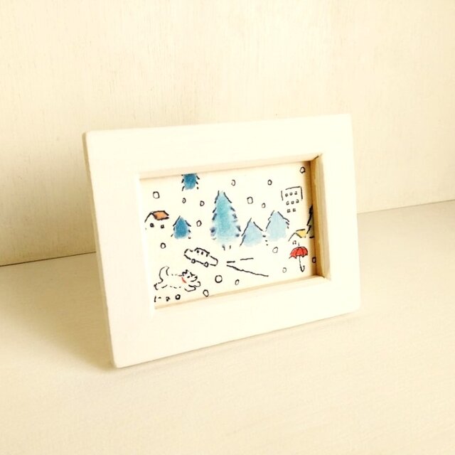 ミニ原画】「雪が降る日2」 ※木製ミニ額入り ペン画・水彩・ミニアート