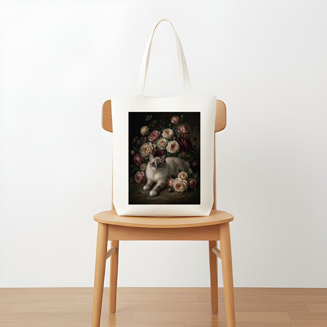 猫（ラグドール）トートバッグ 花の油絵風アート キャンバス地 | iichi