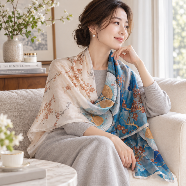 シルクスカーフ 96％以上｜花柄ロング 55×170cm・和モダン・春夏秋