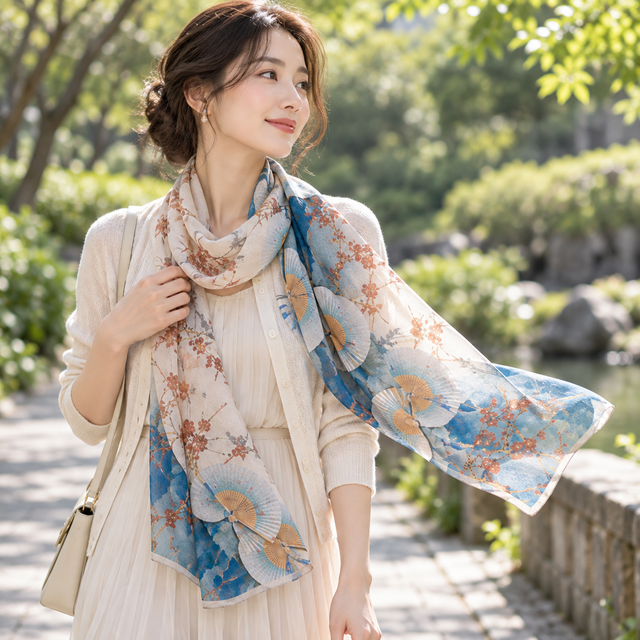 シルクスカーフ 96％以上｜花柄ロング 55×170cm・和モダン・春夏秋