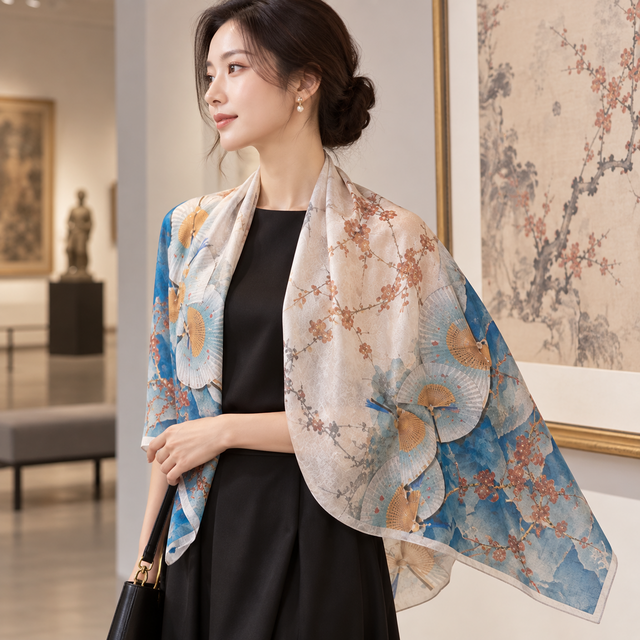 シルクスカーフ 96％以上｜花柄ロング 55×170cm・和モダン・春夏秋