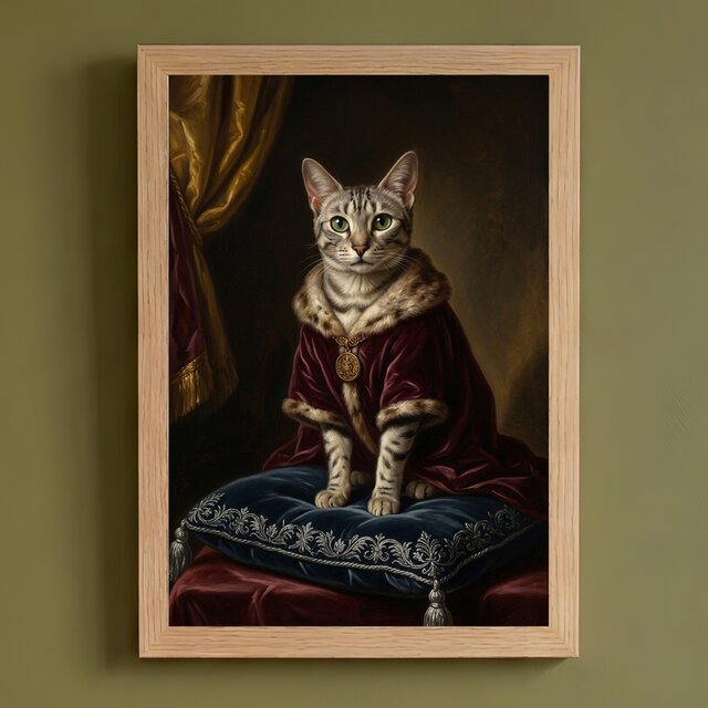 猫（エジプシャンマウ）のルネサンス風肖像画 油絵風アートA4額装