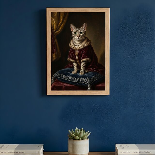 猫（エジプシャンマウ）のルネサンス風肖像画 油絵風アートA4額装