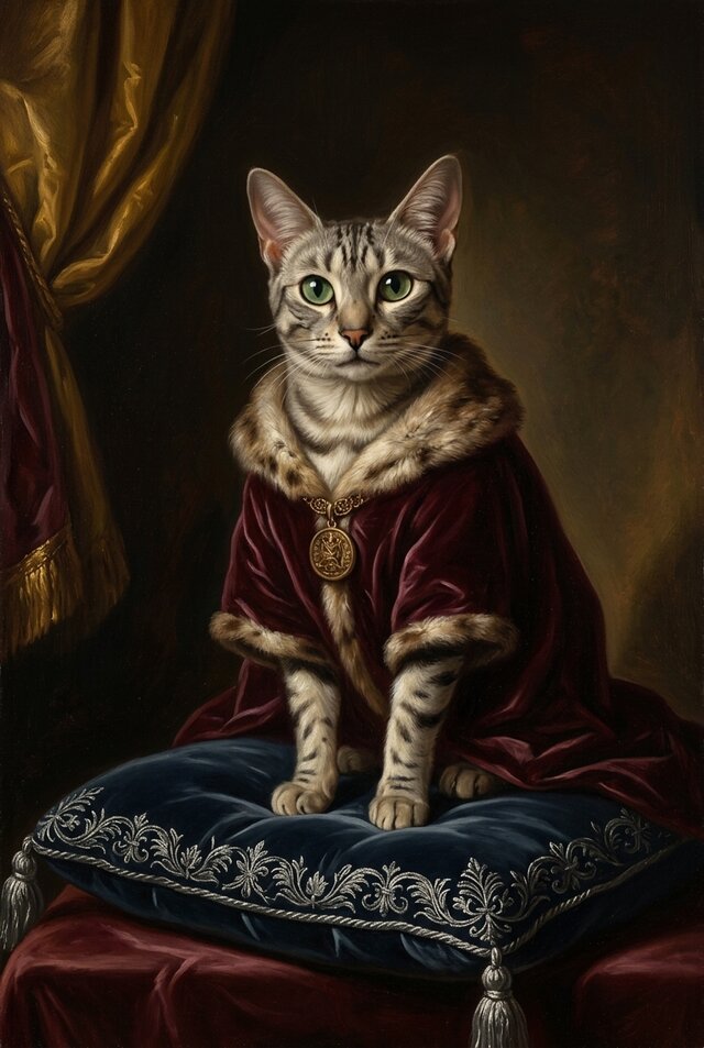 猫（エジプシャンマウ）のルネサンス風肖像画 油絵風アートA4額装