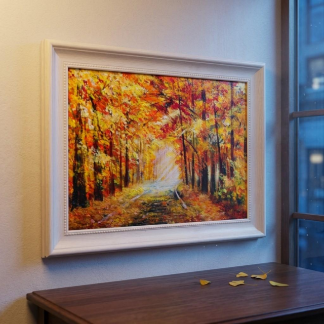 絵画・額縁・油絵・友成 晴雄・新品未使用・並木道・美術品・インテリア・雑貨 油絵】黄金に染まる光の並木道｜A4原画・白額縁・ギフトラッピング付