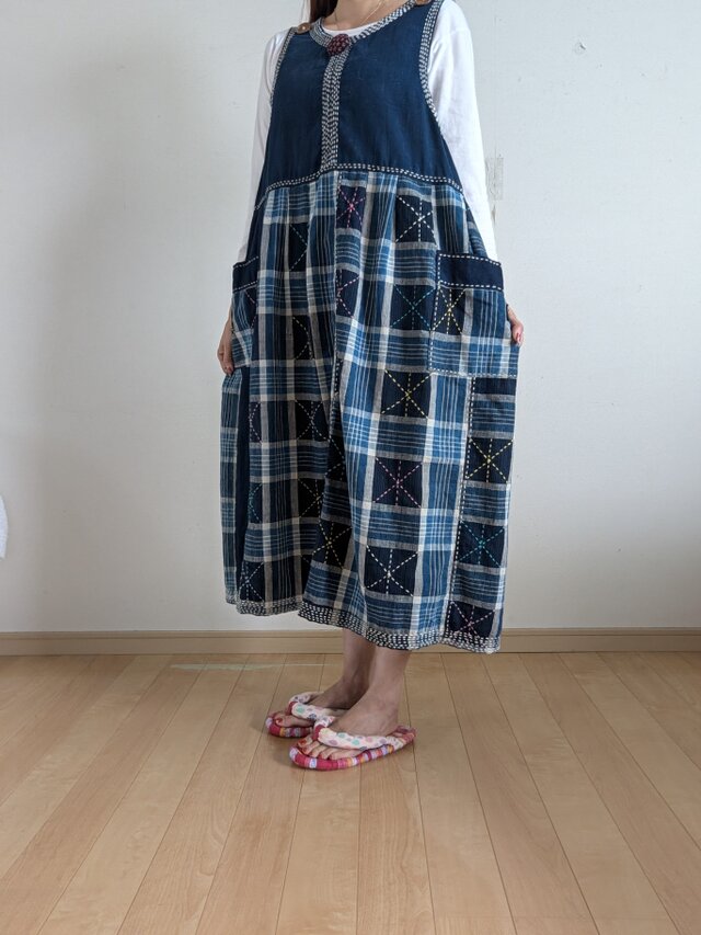 刺し子 パッチワーク 変形ジャンパースカート 古布リメイク ゆったり