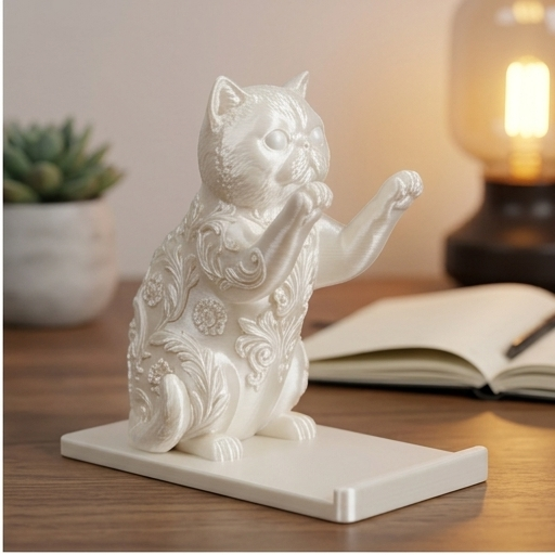 ホワイトプラスチックインテリア小物 猫（エキゾチックショートヘア）のスマホスタンド 卓上 シルクホワイト