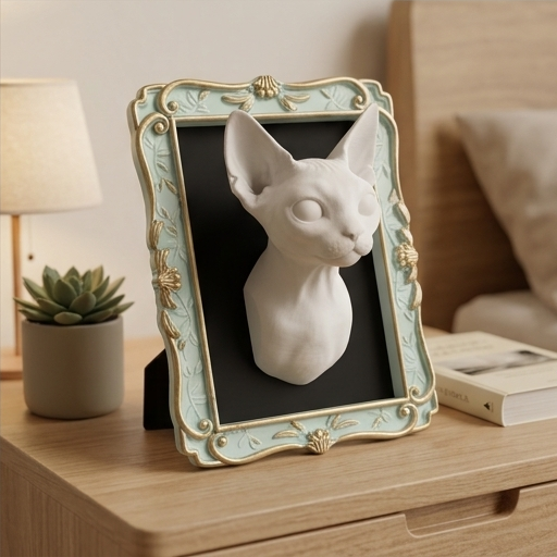 猫（デボンレックス）の壁掛けレリーフ 3Dプリント 白PLA インテリア