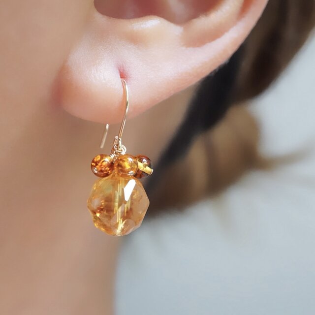 アンバー×ファントムシトリン】秋色の天然石 誕生石 ピアス イヤリング