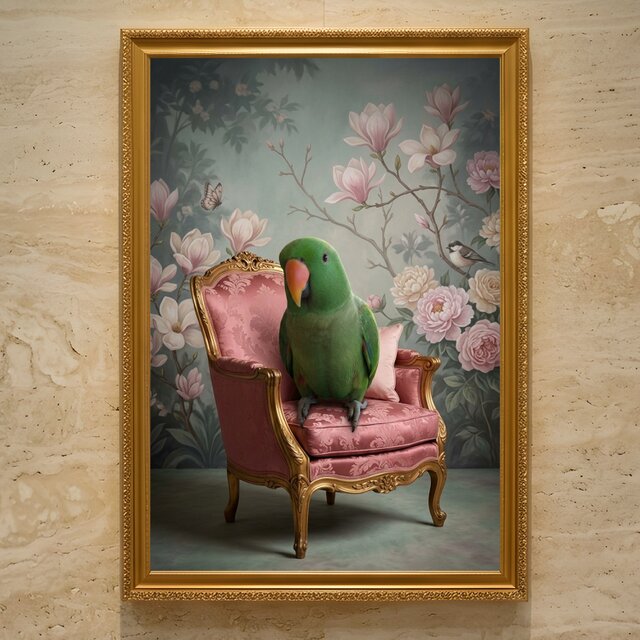 インコ（オオハナインコ）のロココ調シャビーピンクアート A3額装