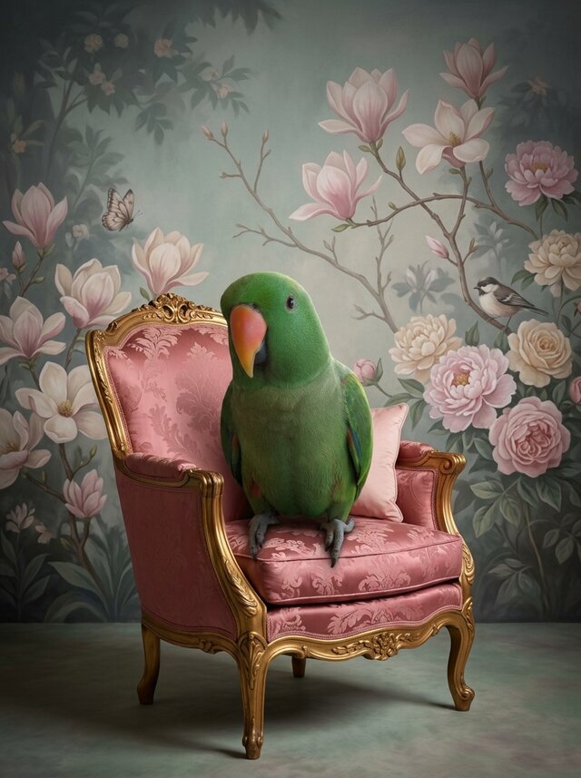 インコ（オオハナインコ）のロココ調シャビーピンクアート A3額装