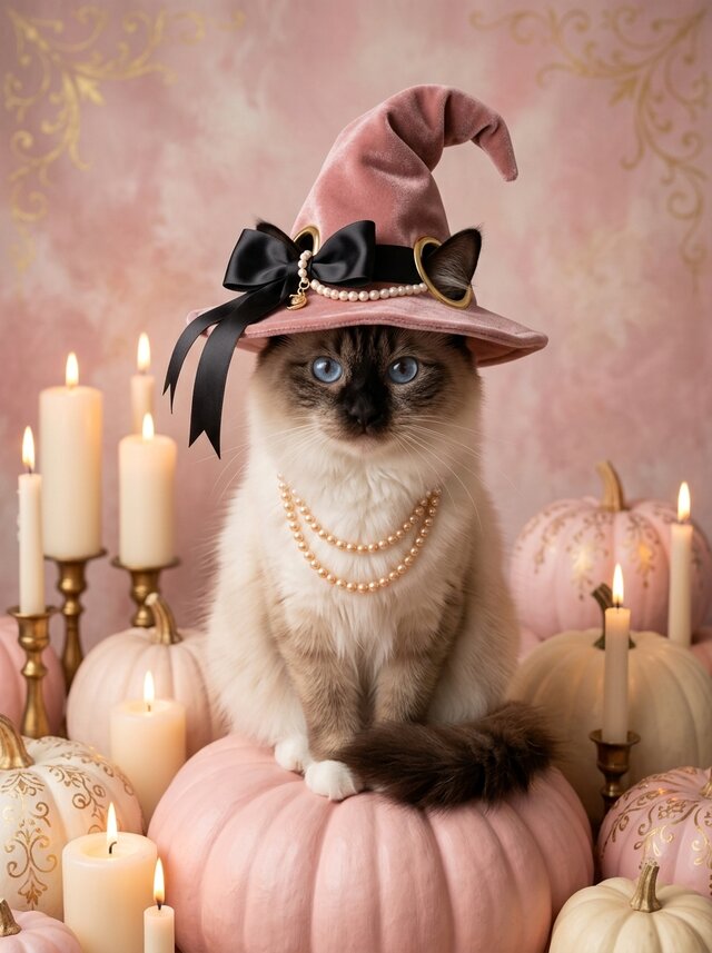 猫（バーマン）のハロウィン限定アート A4金縁額装インテリア壁掛け