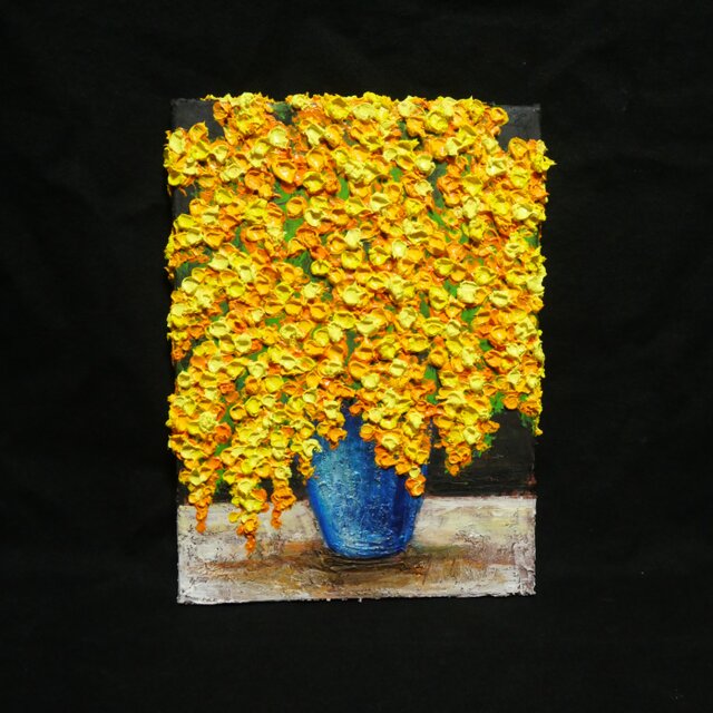 油彩画 花瓶の花 厚塗り 抽象画 アート　10F 油絵 F4号 原画『太陽の雫と青い奇跡』厚塗り技法で描く光の花と青い