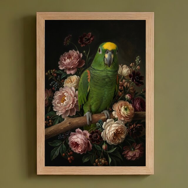 インコ（キエリボウシインコ）の花に囲まれた油絵風アート A4額装